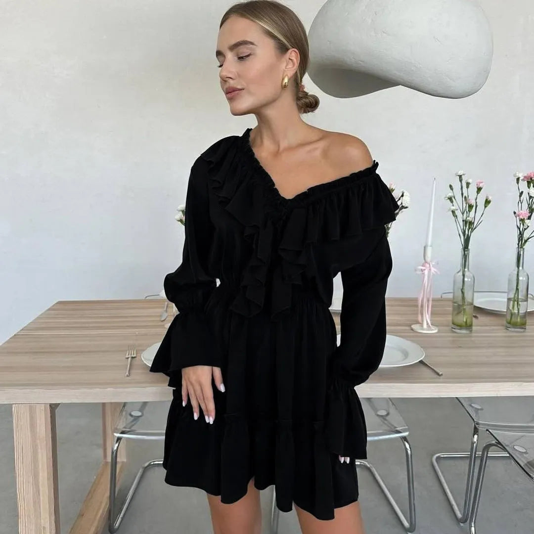 Fashion V Neck Pleated Ruffle Long Sleeve Dress - Bellarte Enchanté Fashion V Neck Pleated Ruffle Long Sleeve Dress